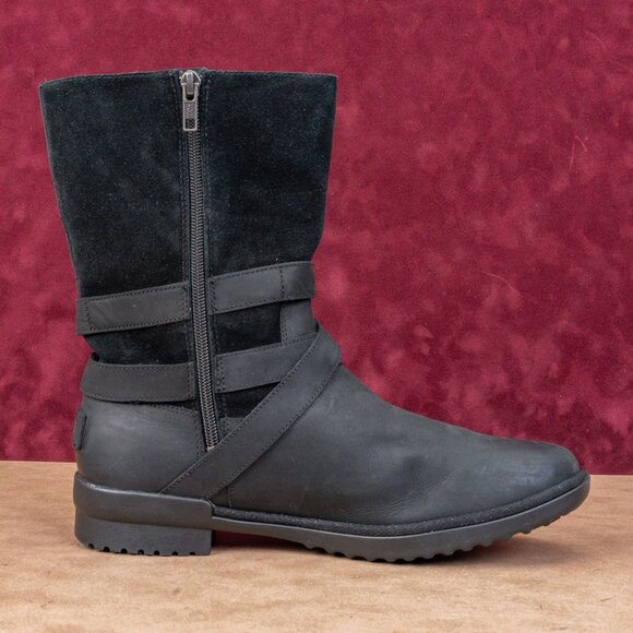 UGG Women Lorna Black Leather Waterproof Shearling Top Mid Calf Boots sz 11 - Picture 8 of 8
